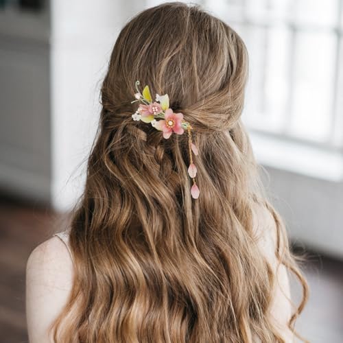 Wedding Hair Clips, Crystal Hair Pins Pearl Rhinestone Hair Barrettes, Bridal Flower Hair Pieces Pearl Headpieces Hair Accessories for Women Girls (Pink&Green) - color: Pink&Green