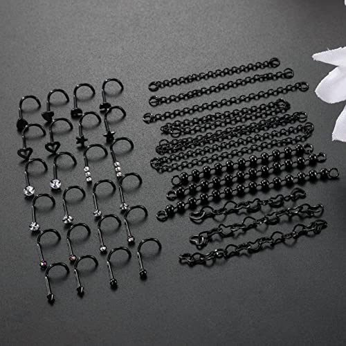 20G Stainlesss Steel Nose Rings Stud Nose Chain Piercing Across Double Nose Stud Womens Nostril Piercing Jewelry - color: Screw Shaped Black