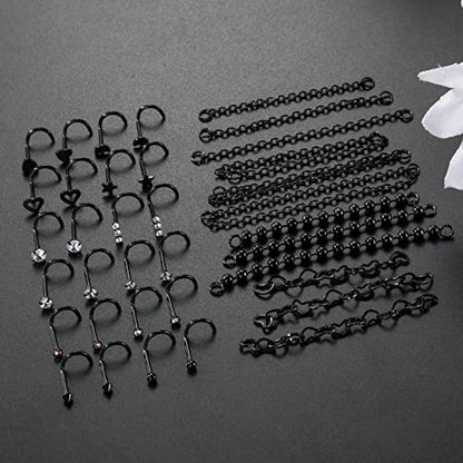 20G Stainlesss Steel Nose Rings Stud Nose Chain Piercing Across Double Nose Stud Womens Nostril Piercing Jewelry - color: Screw Shaped Black