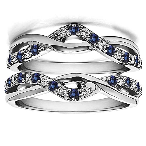 V Touch Round Cut Created Blue Sapphire & CZ Enhancer Engagement Wrap Ring for Womens 925 Sterling Silver