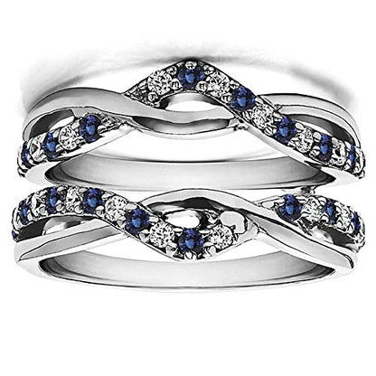 V Touch Round Cut Created Blue Sapphire & CZ Enhancer Engagement Wrap Ring for Womens 925 Sterling Silver