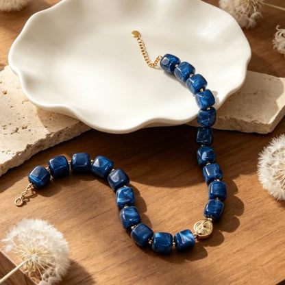 Chunky Beaded Necklace for Women,Square Resin beads boho Choker Necklace with gold-tone spacers,Fashion Trendy Summer Beach Party Necklaces Handmade Surfer Beach Necklaces Jewelry Gifts - color: Deep Blue