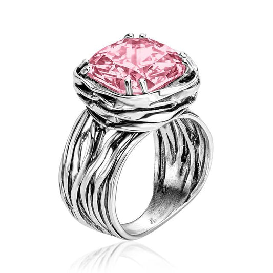 JEAN RACHEL JEWELRY 925 Sterling Silver Ring - Wrap Vintage Design with Cushion Shaped Cubic Zirconia - Hypoallergenic, Lead & Nickel Free - Artisan Handcrafted Statement Rings for Women - color: Pink CZ