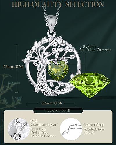 FANCIME Tree of life Birthstone necklace Sterling Silver Pendant Birthstone Necklace Gemstone Anniversary Birthday Jewelry Mothers Day Gifts for Mom Her Wife - color: Aug.-Peridot