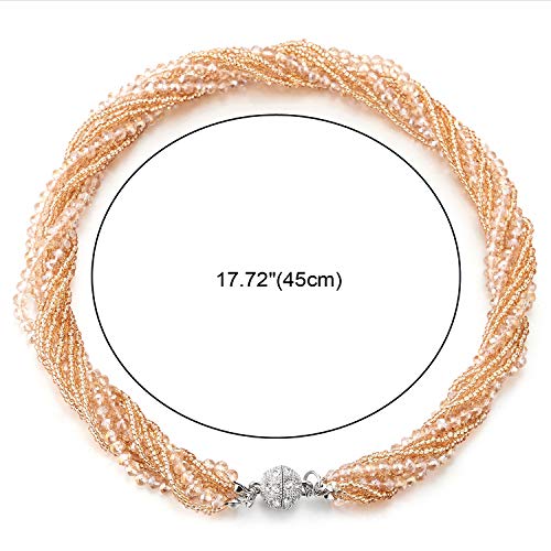 COOLSTEELANDBEYOND Multi-Layer Beads Crystal Braided Chain Choker Collar Magnetic Clasp,Statement Necklace, Bracelet - color: K1-Necklace Champagne Color