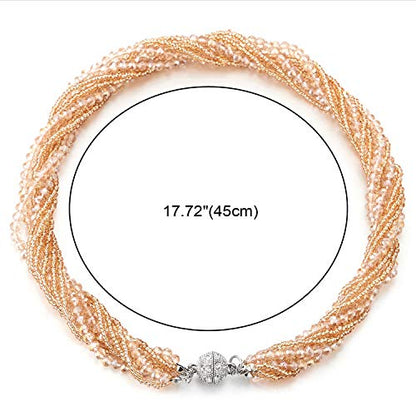 COOLSTEELANDBEYOND Multi-Layer Beads Crystal Braided Chain Choker Collar Magnetic Clasp,Statement Necklace, Bracelet - color: K1-Necklace Champagne Color