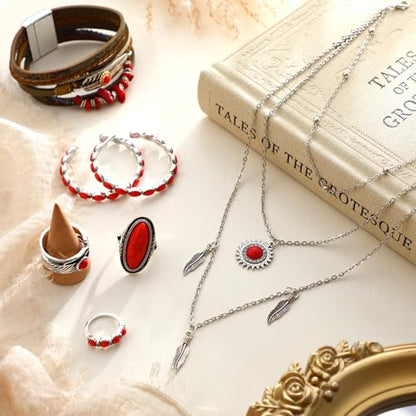 Ecally Bohemian Western Jewelry Turquoise Set Women Country Pendant Long Choker Layered Bracelets Earrings Ring for Women - color: Red, style: Passional