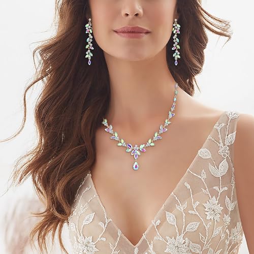 EVER FAITH Marquise Crystal Leaf Bridal Prom Jewelry Set for Women Bride | Rhinestone Wedding Party Necklace Dangle Earrings Tennis Bracelet, for Bridesmaid - color: Iridescent AB Gold-Plated-Base