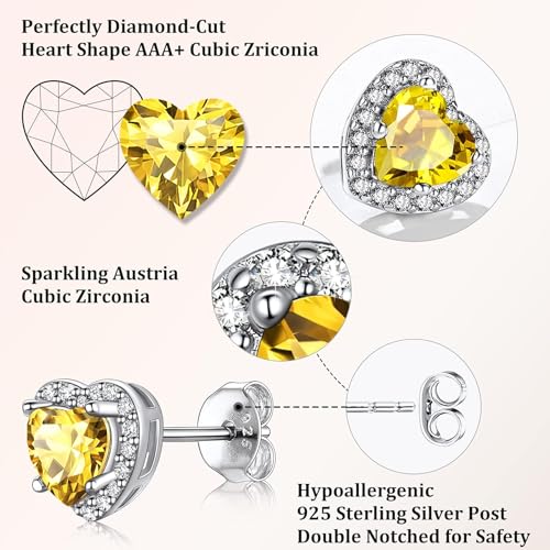 Bestyle Sparkling 925 Sterling Silver Birthstone Stud Earrings for Women, Heart/Round/Teardrop/Square Solitaire Diamond Studs Earrings, Great Birthday/Christmas Gifts - style: 11. Yellow Topaz-Nov.-heart