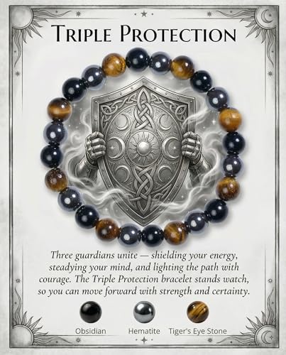 Bivei Protection Crystal Healing Bracelet | 8MM Strength Bracelet Spiritual Stretch Beaded Jewelry for Women Men Gift - color: Triple Protection, size: Medium 6.8-7.3 inch