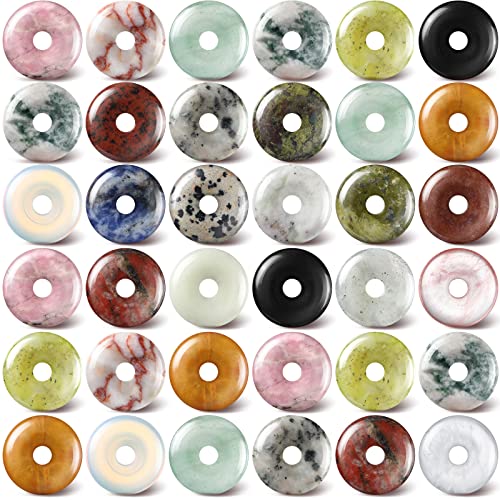 Nuenen 32 Pcs Stone Beads 0.79 x 0.2 Inch Rondelle Donut Beads with Hole Worry Stones Bulk Lucky Crystal Disc Pendants Quartz Amulet Gemstone for Witchcraft Supplies DIY Necklace Jewelry Making