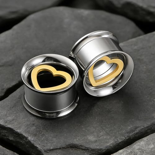 ARTFAN Ear Gauges Tunnels - 2PCS Stainless Steel Plugs for Stretched Ears, Cute Heart Ear Plugs Gauges for Women Men, Hypoallergenic Body Piercing Jewelry - size: 00g (10mm)