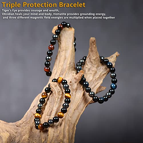 SAMXY Triple Protection Bracelet, 8mm Healing Crystal Bead Bracelet, 3pcs Blue Red Tiger's Eye Obsidian Hematite Bracelet Women Men - color: 3Pcs-8mm