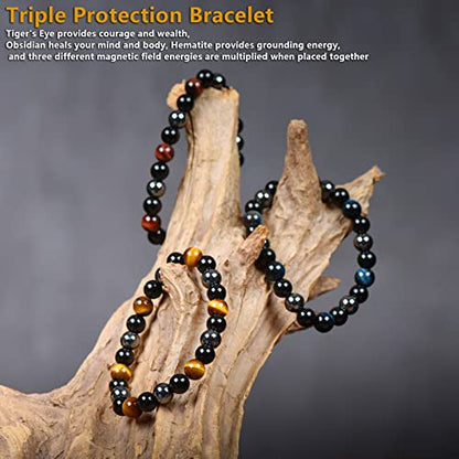 SAMXY Triple Protection Bracelet, 8mm Healing Crystal Bead Bracelet, 3pcs Blue Red Tiger's Eye Obsidian Hematite Bracelet Women Men - color: 3Pcs-8mm