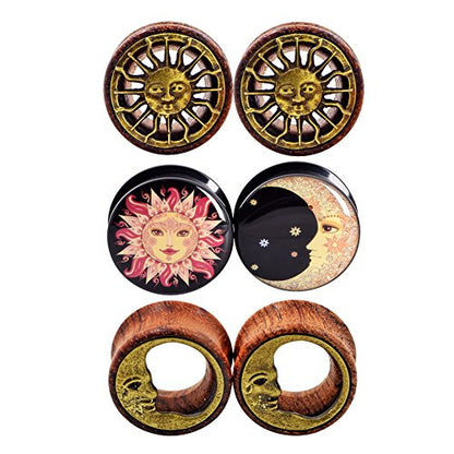 Qmcandy 2g-13/16 inch Sun Moon Natural Wood Wooden Acrylic Ear Tunnels Plugs Piercing Gauge Expander Set - color: 5/8"(16mm)