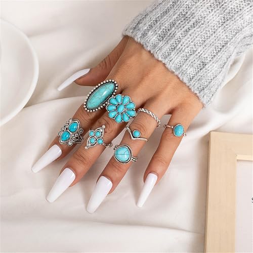 Bohemian Turquoise Ring Set for Women,Vintage Western Rings Chunky Turquoise Opal Stackable Knuckle Ring Set Punk Midi Finger Ring Pack Boho - style: Ring set-C