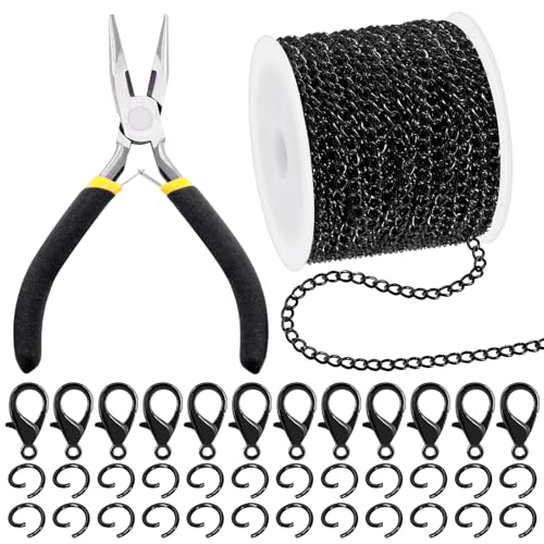 Mardatt 102Pcs Jewelry Making Chains Kit, 10 Yards Necklace Chains Jewelry Chains with 50Pcs Open Jump Rings, 50Pcs Lobster Clasps, Chain Nose Pliers for DIY Necklace Bracelet Jewelry Making (Black) - color: Black