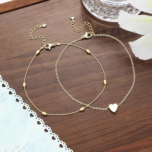 Dainty Anklets for Women, 14K Gold Plated & Sterling Silver Plated Ankle Bracelets, Adjustable, Waterproof & Hypoallergenic Summer Beach Foot Jewelry in Assorted Styles - style: 2 anklets heart gold