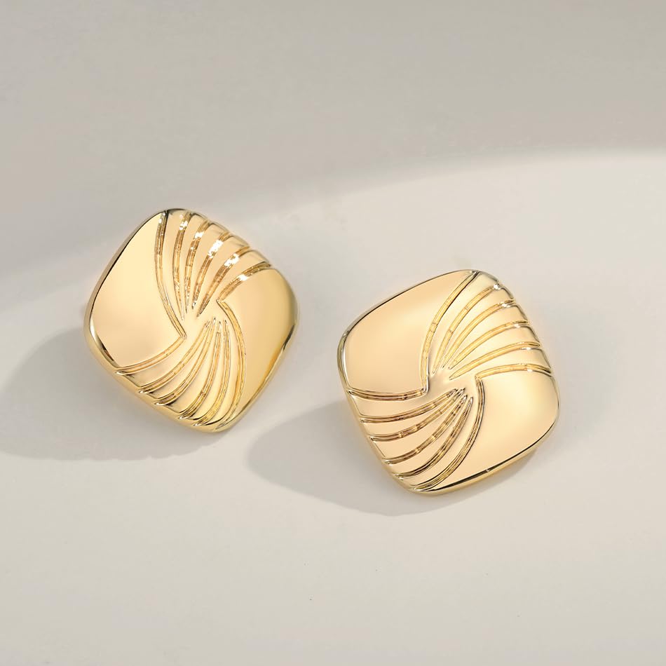 Gold Chunky Statement Earrings for Women, Trendy 14K Gold Plated Square Geometric Vintage Drop Dangle Designer Stud Earrings, Jewelry Gift - style: square-gold
