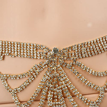 Sparkle Full Rhinestone Sexy Bra Chain Body Chain Set Crystal Beach Luxury Jewelry for Women - color: Golden