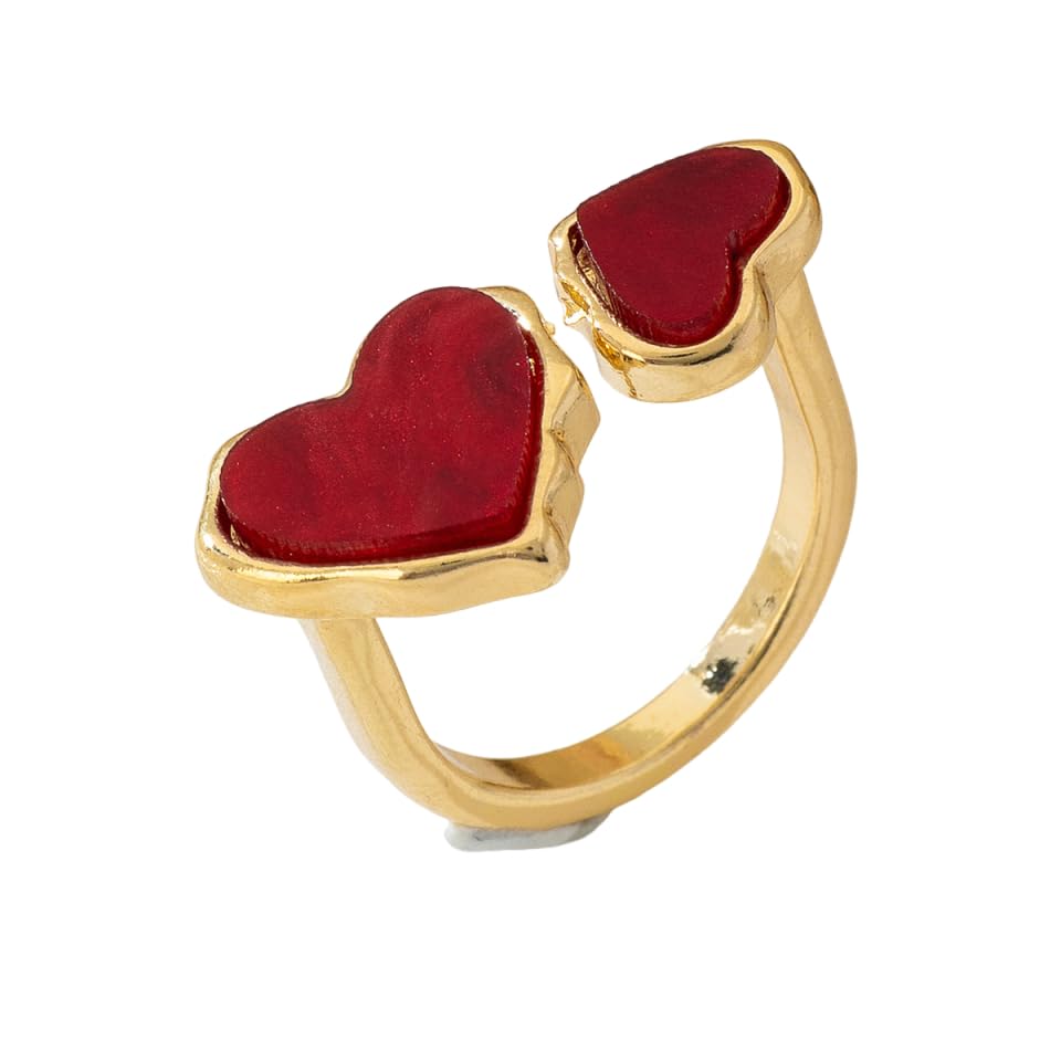 Retro Enamel Double Hearts Open Statement Ring for Women Fashion Simple Asymmetry Love Hearted Wrap Finger Knuckle Adjustable Bands Rings Gold Plated Wedding Eternity Promise Engagement Jewelry - color: Red