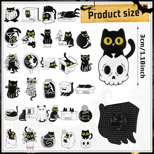 Landical 30/60 Pcs Cute Enamel Pins Bulk Plant Flower Animal Halloween Gothic Fall Pumpkin Cartoon Lapel Pin Brooches Jewelry Gift for Backpack Clothes Hats Accessories - style: Cat