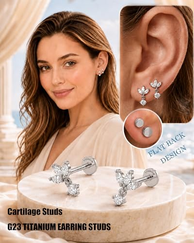 YACHY ASTM F136 G23 Titanium Flat Back Stud Earrings, Internally Threaded Screw-On Hypoallergenic Body Piercing Jewelry for Everyday Wear, Tragus Helix Conch Monroe Medusa Lip, 18G 6mm 8mm - color: Crystal Blossom--2pcs+2bar--Silver, size: 6mm+8mm