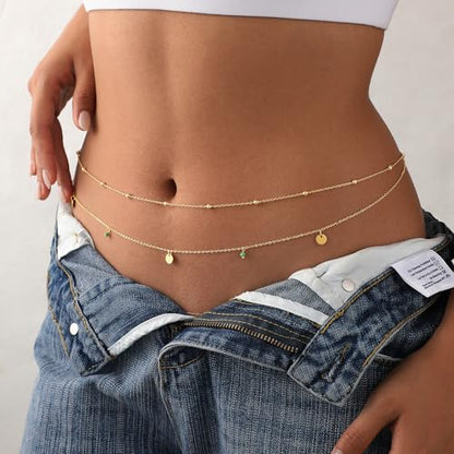 Waist Chain for Women 14K Gold/Silver Plated Body Chain Beads Link Belly Chains Belly Belt Waist Beads Chains Adjustable Sexy Bikini Body Jewelry Daily Belts Gifts for Women - style: 2Pcs Peacock Green Beads-GD