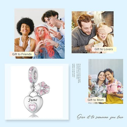 Love Heart Birthstone Dangle Charms Compatible with Pandora Bracelets | 925 Sterling Silver 5A Cubic Zirconia Mother's Day Christmas Birthday Birthstone Gifts Bead Charm Pendants Women Jewelry - color: June Dangle Birthstone Charms