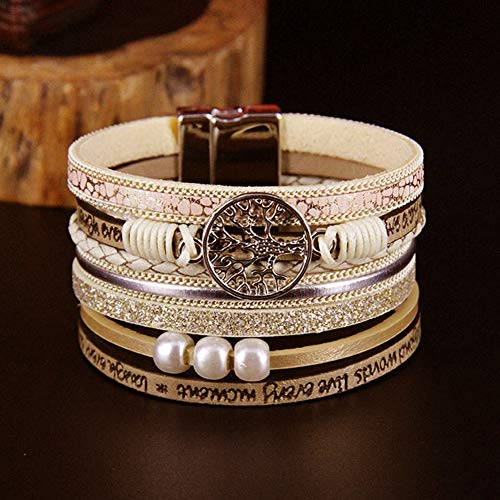 TGLS Women Tree of Life Leather Bracelets Multi-Layer Wraps Wristband Layered Wrap Bangle Cuff Bracelets for Friends Sisters Birthday Gifts - color: Yellow