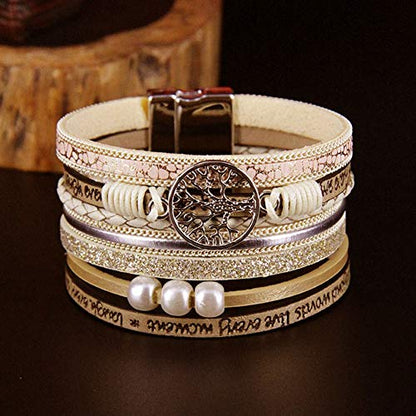 TGLS Women Tree of Life Leather Bracelets Multi-Layer Wraps Wristband Layered Wrap Bangle Cuff Bracelets for Friends Sisters Birthday Gifts - color: Yellow
