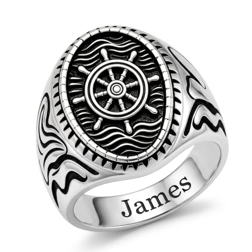 Dacc & Aya Custom Engraved Vintage Signet Ring 925 Sterling Silver Black Oxidized Personalized Statement Jewelry for Men - style: C-Rudder
