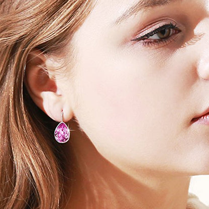 Xuping Jewelry Huggies Crystal Teardrop Earrings for Women Clear Crystals Leverback Silver Earring Fashion Party Jewelry Gifts - color: Pink