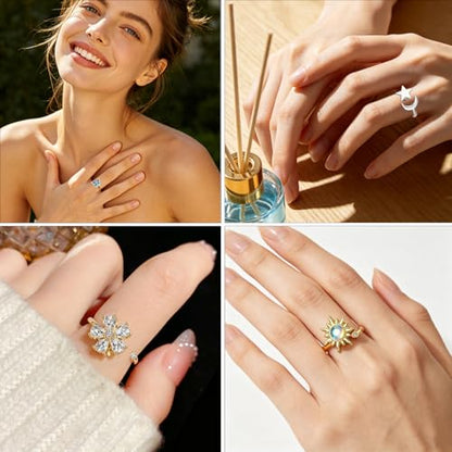 4Pcs Fidget Anxiety Rings for Women, Golden and Silver Adjustable Open Spinner Rings for Anxiety, Stress Relief Rotating Rings with Butterfly Sun Star Flower Designs, Fidget Jewelry for Women