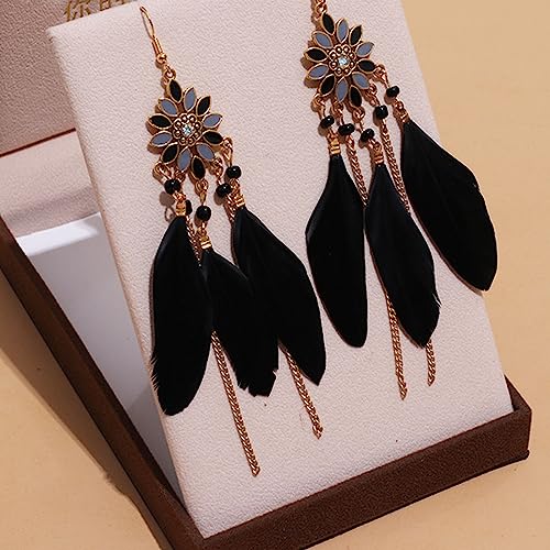 Boho Long Feather Earrings Long Tassel Drop Dangle Earrings Set for Women,Bohemian Gold Dangling Long Handmade Feather Dream Catcher Earrings - color: Black