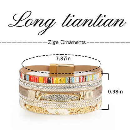Long tiantian Boho Western Bracelets for Women Leather Wrap Bracelets Turquoise Bracelet Western Jewelry Country Concert Outfits - color: layered bracelets（beige）