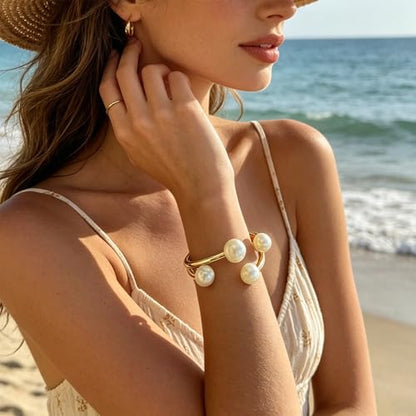 Pearl Bangle Bracelet for Women Chunky Gold Bangle Opened Bracelet Minimalist Cuff Bracelet for Women