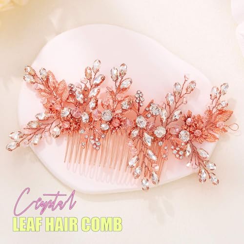 Rhinestone Wedding Hair Comb Gold Floral Bridal Hair Piece Crystal Hair Accessories for Women (Rosegold) - color: Rosegold
