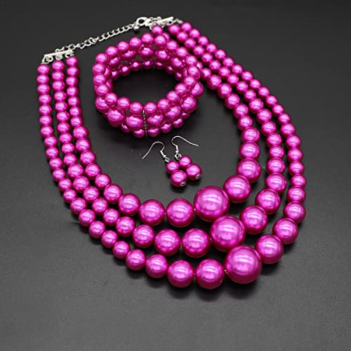Big Chunky Pearl Necklace and Earrings Set Large Costume 1920s Faux Pearls Gatsby Accessories - color: A-Fuchsia