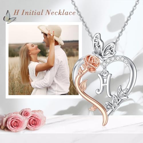 TOUPOP Gifts for Women Her 925 Sterling Silver Rose Heart Initial Necklace Butterfly Heart Jewelry Anniversary Birthday Gifts for Wife Girlfriend Mom - color: H Initial