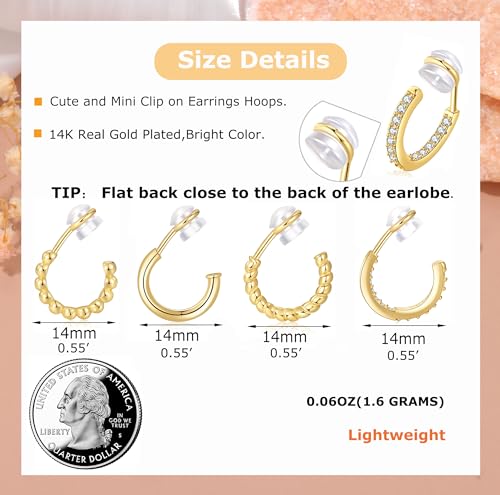 PLOMFOV Clip On Hoop Earrings for Women 14K Gold Plated Non Pierced Earrings Clip On Hoops Small No Piercing Fake Hoop Earrings 14mm - color: Gold