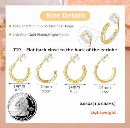 PLOMFOV Clip On Hoop Earrings for Women 14K Gold Plated Non Pierced Earrings Clip On Hoops Small No Piercing Fake Hoop Earrings 14mm - color: Gold