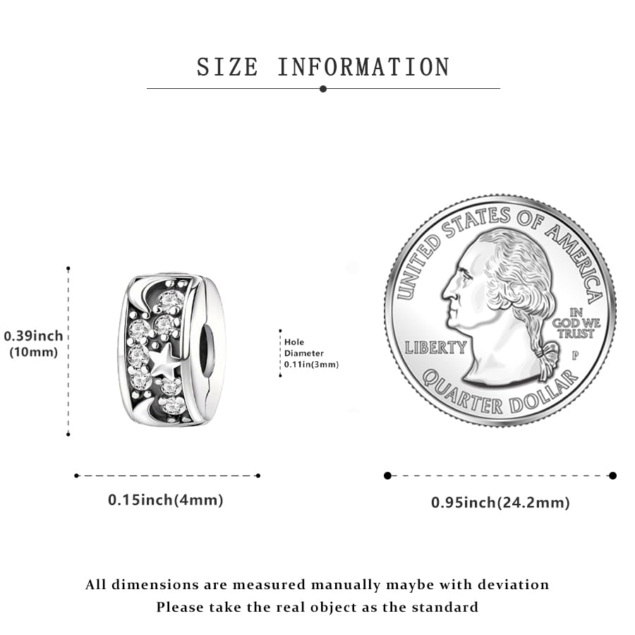 925 Sterling Silver Openable Clip Spacer Bead Fits Pandora Bracelet | Hypoallergenic Clip Stopper Charm, Star Clover Butterfly Floral Mom Heart Paved Zircon Gift for DIY Charm Bracelet Jewelry - color: Moon Star