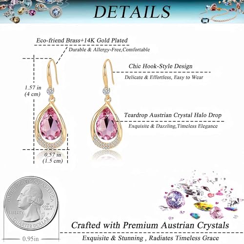 Austrian Crystal Halo Teardrop Hollow Drop Dangle Earrings for Women 14K Rose Gold Plated Hypoallergenic Jewelry Gifts - color: Pink