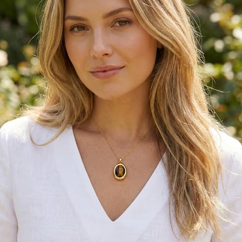 Colorful Natural Stone Necklaces for Women Trendy 14K Gold Plated Oval Gemstone Pendant Statement Necklace Jewelry Gifts for Women - color: Brown