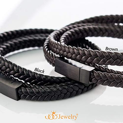 555Jewelry Stainless Steel Braided Double Wrap Leather Twist Rope Chain Cord Adjustable Magnetic Clasp Simple Men Women Unisex Fashion Jewelry Accessory Bangle Bracelet, Black & Black 9 Inch