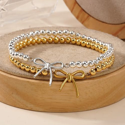Gold Bow Bracelets Dainty Gold Plated Chain Bracelets Necklaces Set Ribbon Choker Bracelets Necklaces Trendy Jewelry Gifts for Women - color: Beads Silver