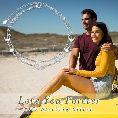 Flyow Anklet for Women S925 Sterling Silver Adjustable Foot Beaded Heart Charm Ankle Bracelet Anklets Jewelry - style: moon phase