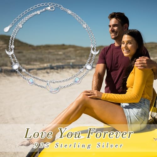 Flyow Anklet for Women S925 Sterling Silver Adjustable Foot Beaded Heart Charm Ankle Bracelet Anklets Jewelry - style: moon phase