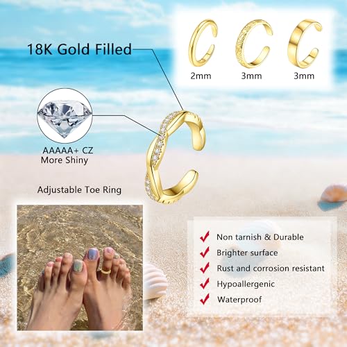 SONNYX 9Pcs 18K Gold Plated Gold Toe Rings for Women | Adjustable Silver Toe Rings Foot Jewelry for Summer Beach - color: Gold1